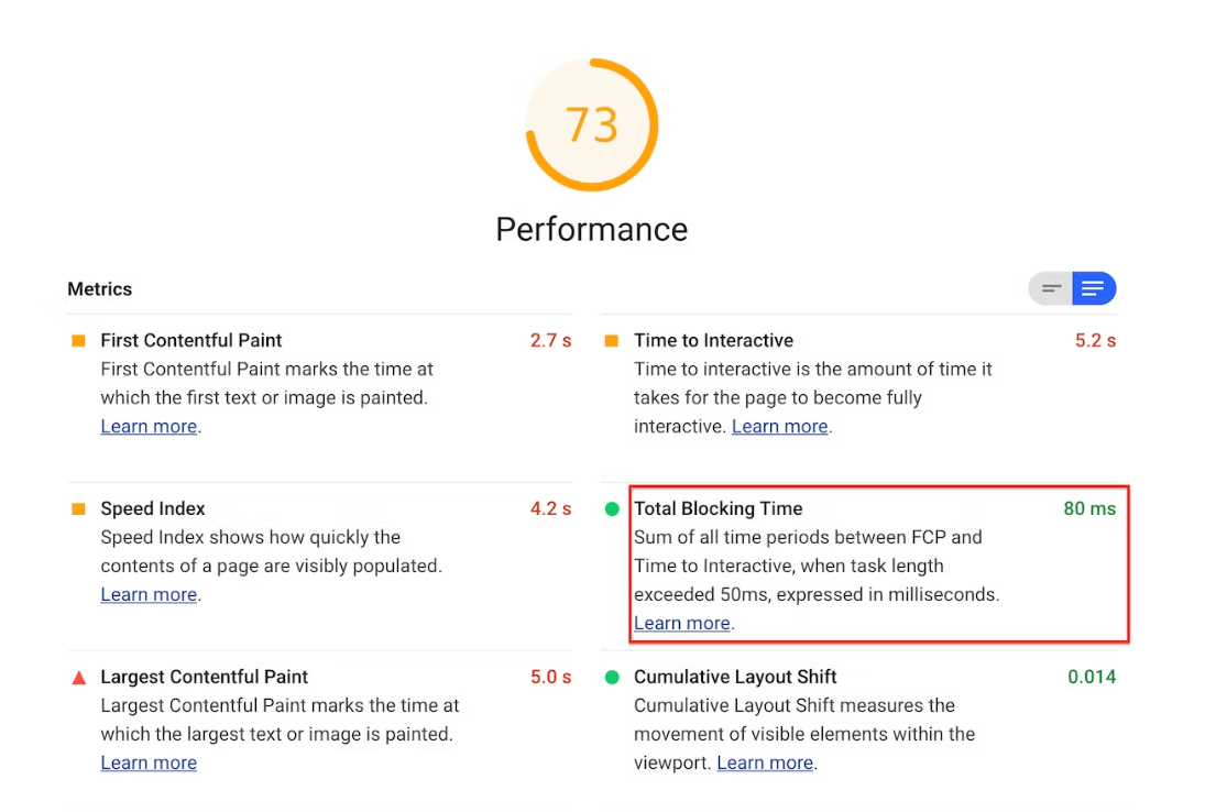 Công cụ Page Speed có thể hiện chỉ số Total Blocking Time khá rõ ràng.