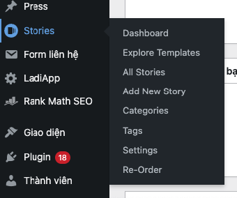 Menu Stories trong web WordPress sau khi cài xong