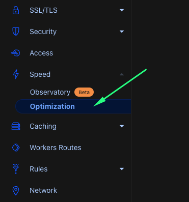 Menu Speed > Optimization trong CloudFlare